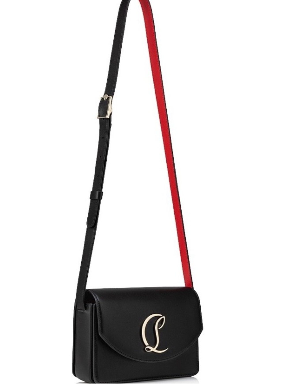 Authentic Christian Louboutin Black Leather Crossbody with Red-Trim Strap